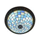 Blue&White Circular Grid Flush Mount Ceiling Fixture in Mediterranean Style for Living Room