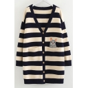 Cat Embroidered Striped V Neck Long Sleeve Button Front Tunic Cardigan