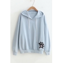 Comic Cat Embroidered Long Sleeve Casual Hoodie