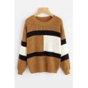 Popular Color Block Round Neck Long Sleeve Loose Pullover Sweater