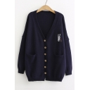Button Front Rabbit Embroidered V Neck Long Sleeve Leisure Cardigan