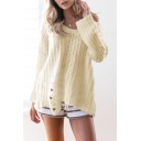 V Neck Long Sleeve Ripped Detail Plain Pullover Sweater