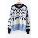 Chic Color Block Geometric Round Neck Long Sleeve Sweater