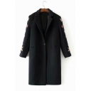 Floral Embroidered Long Sleeve Notched Lapel Collar Single Button Tunic Woolen Coat