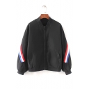 Contrast Striped Trim Patch Stand Collar Long Sleeve Zip Up Baseball Jacket