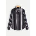 Striped Lapel Collar Long Sleeve Leisure Pullover Shirt