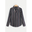 Striped Lapel Collar Long Sleeve Leisure Pullover Shirt