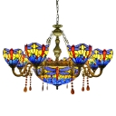 8+1/10+1 Lights Blue Stained Glass Dragonfly Chandelier with Aged Brass Arms in Shabby Chic Style