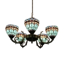 Mediterranean Style Blue Stained Glass Bowl Shade Chandelier with Wrought Iron Arms