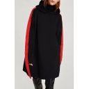 Contrast Extended Straps Patch Long Sleeve Loose Tunic Hoodie