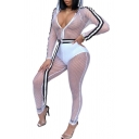 Contrast Striped Patch Long Sleeve Zip Front Mesh Hooded Jumpsuit