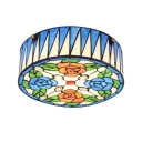 Red and Blue Floral Theme Drum Shape Flushmount Ceiling Light with Jewels in Tiffany Style