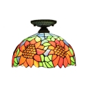 12-Inch Wide Tiffany Dome Shaped Flush Mount Ceiling Fixture with Sunflower Glass Shade, 2 Light