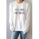CATS NAPS Letter Print Round Neck Long Sleeve Pullover Sweatshirt