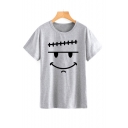 Comic Smile Face Printed Round Neck Short Sleeve T-Shirt