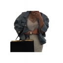 Cool Lapel Collar Long Sleeve Button Front Cropped Denim Jacket