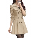 Notched Lapel Collar Plain Double Breasted Long Sleeve Slim Trench Coat
