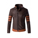 Men's Fashion Color Block Stand Collar Long Sleeve Zip Up PU Biker Jacket