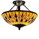 Geometrical Pattern Yellow Stained Glass Bowl Shade Pendant Light Fixture with Amber Jewels