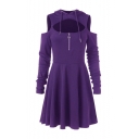 Solid Long Sleeve Open Front Hooded Cold Shoulder Midi A-Line Hoodie Dress