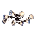 Orange/Blue Checkered Tiffany Glass Shade Ambient Light Semi Flush Mount with Crystal Decorations