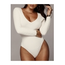 Sexy Slim Fitted Plunge Neck Long Sleeve Solid Ribbed Bodysuit for Women