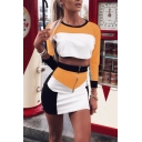 Long Sleeve Round Neck Cropped Top Zip Closure Mini Skirt Color Block Fashion Outfits Co-ords