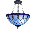 Tiffany Amber Jewels Accented Blue Bowl Shade Hanging Light in Matte Black Finish 15.75