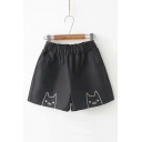 Cute Cartoon Cat Embroidered Elastic Waist Black Loose Wool Shorts