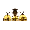 Lodge Style 3/5-Bulb Elk Pattern Chandelier Ceiling Light with Stained Glass Square Shades