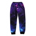 Purple 3D Galaxy Printed Elastic Waist Sports Sweatpants