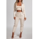 Women's Apricot Cropped Zip Up Hoodie Top Tapered Pants Sports Co-ords