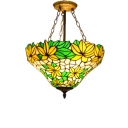 Yellow&Green Stained Glass Leaf Pattern Inverted Hanging Pendant Lamp for Restaurant Cafeteria Dining Hall
