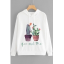 Cute Letter YOU AND ME Cactus Pattern Long Sleeve Winter's White Hoodie