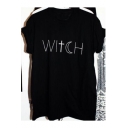 Unique Letter Cross Moon WITCH Printed Round Neck Short Sleeve Black Loose Tee Top
