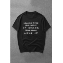 Street Style Letter WELCOME TO THE REAL WORLD Print Crewneck Short Sleeve Black T-Shirt