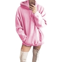 Simple Long Sleeve Plain Leisure Tunics Drawstring Hoodie for Girls