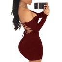 Sexy Lace-Up Open Back Long Sleeve Solid Tight Bodycon Mini Dress