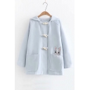Cute Rabbit Embroidered Long Sleeve Toggle Button Down Hooded Wool Coat