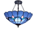 Dark Blue Flower Shade Tiffany Classic Hanging Pendant Light Fixture in Matte Black Finish