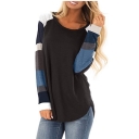 Round Neck Color Block Long Sleeve Round Hem Loose Leisure T-Shirt for Women
