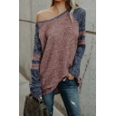 Women's Sexy One Shoulder Long Sleeve Colorblock Two-Tone Boxy Sweater