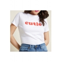 Trendy Red Letter CUTIE Pattern Short Sleeve Crewneck White Fitted T-Shirt