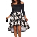 New Trendy Off The Should 3/4 Length Sleeve Floral Printed High Low Dress