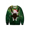 Green Galaxy 3D Christmas Cartoon Cat Pattern Round Neck Long Sleeve Sweatshirt