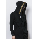 Chinese Style Embroidered Hooded Long Sleeve Tied Waist Black Loose Casual Coat