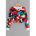 Round Neck Long Sleeve Fancy Color Block Red Cropped Sweatshirt