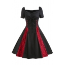 New Arrival Gothic Style Lace Up Off The Should Short Sleeve Lace Patch Midi A-Line Dress