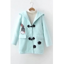 Lovely Cartoon Rabbit Patched Long Sleeve Hooded Toggle Button Down Woolen Coat