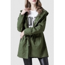 Autumn New Fashion Long Sleeve Drawstring Waist Hooded Zip Up Army Green Trench Coat
